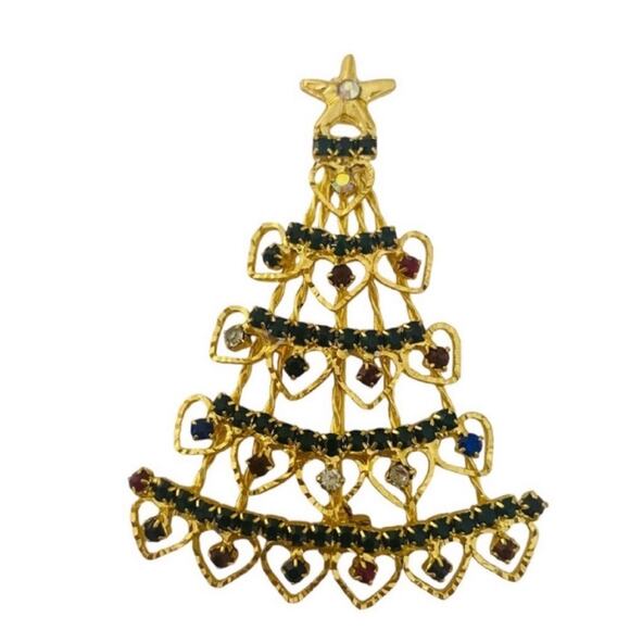Jewelry - Vintage Colorful Gold Tone Christmas Tree Brooch Pin